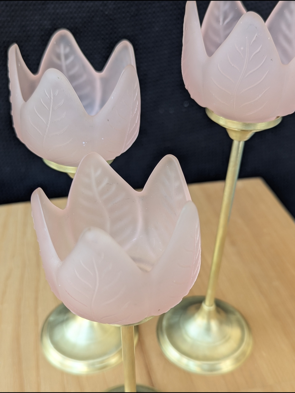 Rose Pink Tulip Glass Candle Holders with Brass Stands - Picture 6 of 8